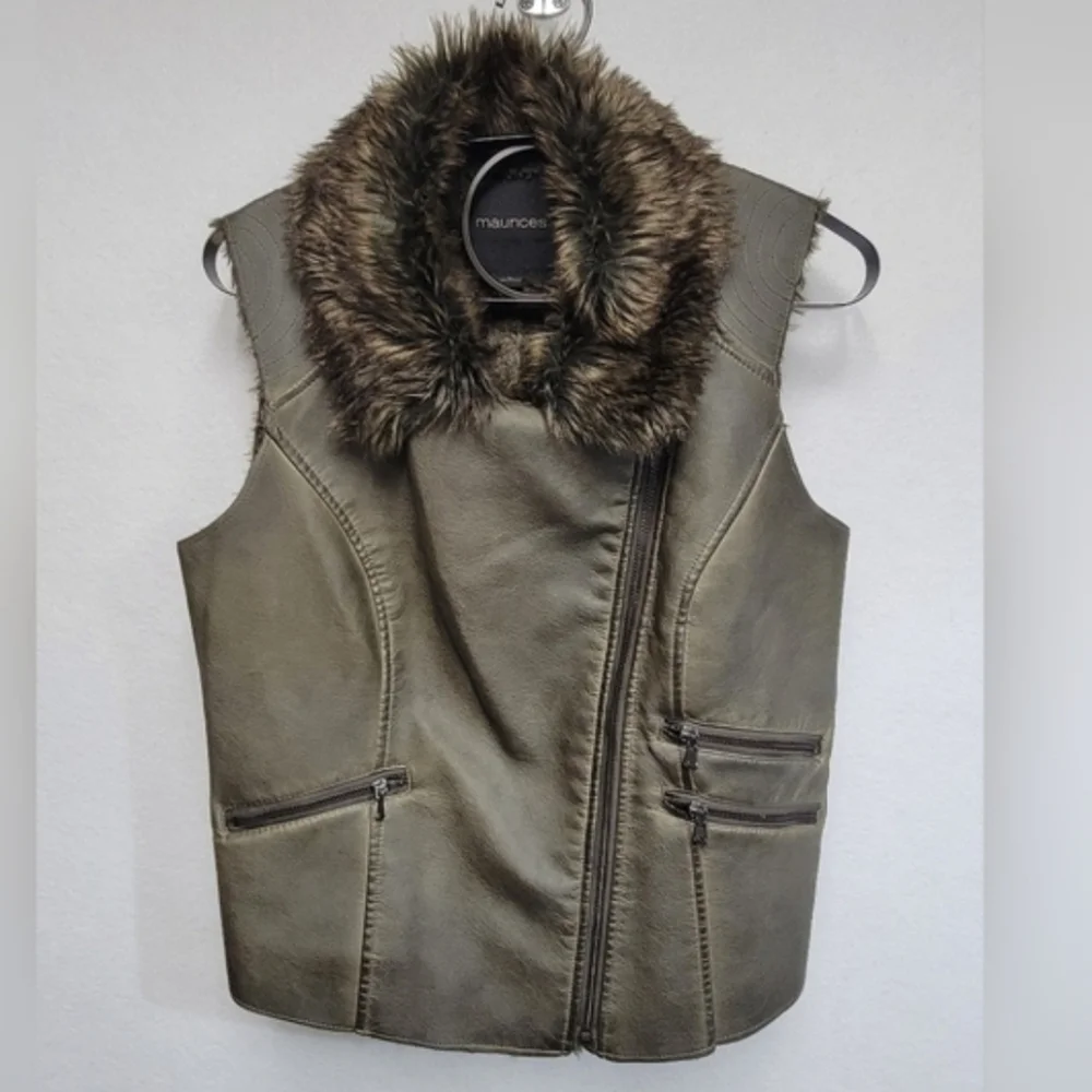 Maurices Womens Size Large Faux Fur Vest Gun Metal Green